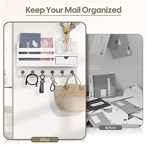 FifthQuarter Key Holder Wall Mount: Key and Mail Holder for Wall with 6 Hooks and Storage Drawer, Easy Installation Key Rack for Entryway Home Decor (A-White) - color: A-White