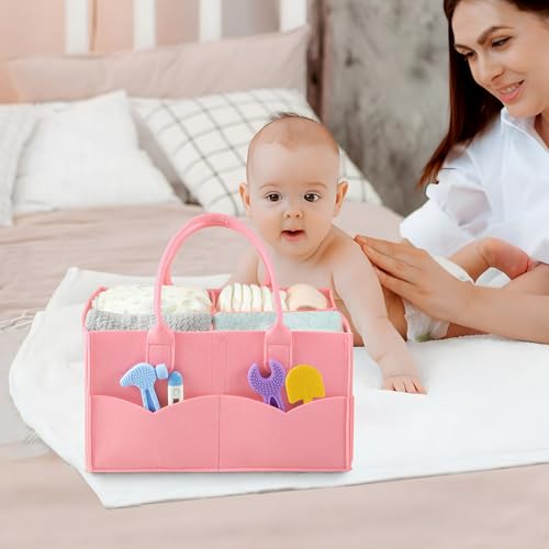 PandaEar 2 Pack Baby Diaper Caddy Organizer, Portable Diaper Holder Nursery Storage Basket for Wipes & baby stuff, Collapsible Baby Organizers with Divided Design (Red/Pink) - color: Red/Pink