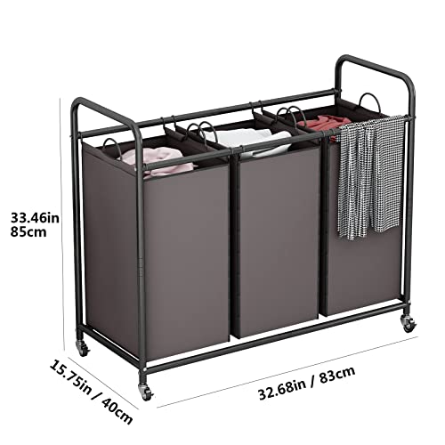 LINZINAR 3-Bag Laundry Sorter,Laundry Hamper Cart with Heavy Duty Rolling Lockable Wheels and Removable Bags (Brown) - size: 3 Bags Brown
