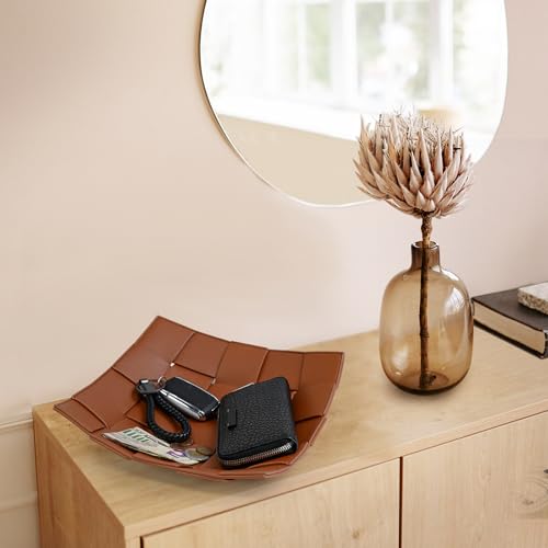 Valet Tray PU Leather Key Holder Bowl for Men and Women Entryway Table Nightstand Catchall Storage Organizer EDC Dump Tray for Wallet, Keys, Coins Men's Gift - Brown, 9.8" L x 9.8" W x 2" H - color: Brown