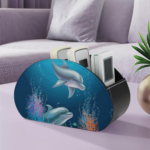 PU Leather Remote Control Organizer Box 5-Slot Multifunctional Dolphin And Fish Storage Holder for TV/DVD/Accessories Stylish Desk Decor for Living Room, Bedroom, Office - color: Dolphin and fish