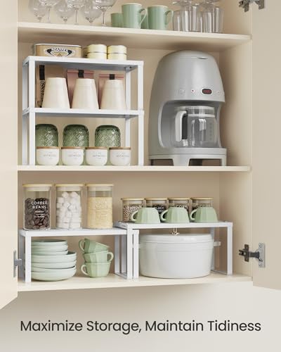 SONGMICS Spice Racks, Set of 2 Metal Cabinet Shelf Organizers, Countertop Organizers, Shelf Risers, Stackable, Expandable, White UKCS003W01 - color: White, size: 5.5"D x 12.6"W x 6.1"H + 5.1"D x 12.6"W x 5.4"H
