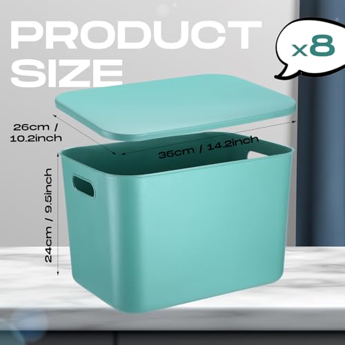 Hoolerry 8 Pieces Colorful Storage Bins with Lid, Plastic Storage Basket Organizing Container Stackable Box with Handle for Shelves Desktop Playroom Office(14.2 x 10.2 x 9.5 Inch,Green) - color: Green, size: 14.2 x 10.2 x 9.5 Inch