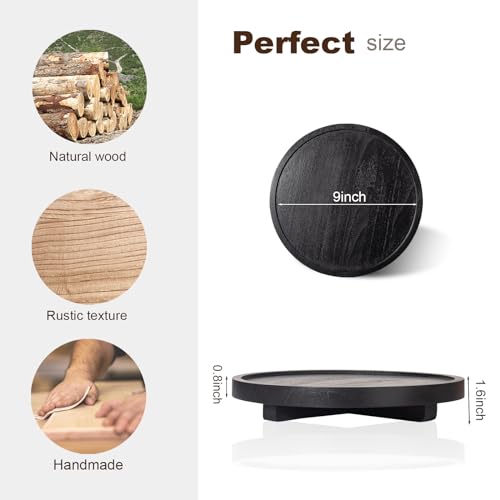 Round Decorative Tray Wood Bathroom Counter Organizer Farmhouse Kitchen Decor Wooden Riser for Soap Dish, Perfume, Candle, Sponge, 9" - Black - color: Black, size: 9"
