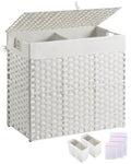 Greenstell Laundry Hamper with lid, No Install Needed, 130L Wicker Laundry Baskets Foldable 2 Removable Liner Bags, 2 Section Clothes Hamper Handwoven Rattan Laundry Basket with Handles, White - color: White, size: 130L (26.2x13.3x24.0 Inches)