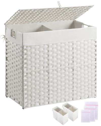 Greenstell Laundry Hamper with lid, No Install Needed, 130L Wicker Laundry Baskets Foldable 2 Removable Liner Bags, 2 Section Clothes Hamper Handwoven Rattan Laundry Basket with Handles, White - color: White, size: 130L (26.2x13.3x24.0 Inches)