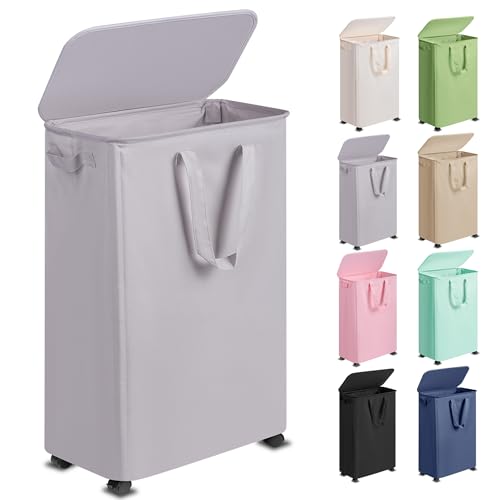 Vincona Slim Laundry Hamper with Lid and Wheels, Small Rolling Laundry Basket with Handle for Small Spaces, Tall Dirty Clothes Hampers for Dorm, Bathroom and Bedroom, 75L, Grey - color: Grey, size: 75L