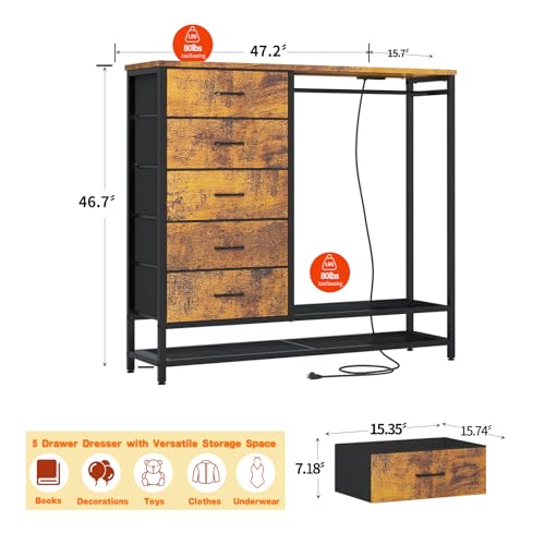 Dresser for Bedroom, Dresser with Hanging Rack Led Lights and Charging Station, Bedroom Dresser with 5 Fabric Chest of Drawers with PU Finish Storage Organizer, for Living Room Hallway Closet, Brown - color: Brown