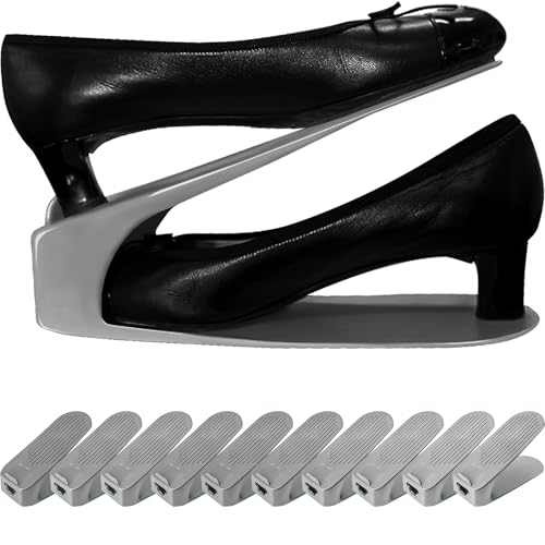 One-Piece Shoe Slot Organizer 10 Pack, Space-Saving Stackers for Closet, Entryway & Shoe Rack | No Assembly Needed - color: Gray