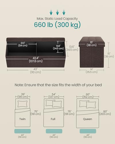 SONGMICS MAZIE Collection - 43 Inches Folding Storage Ottoman Bench, Ottoman Foot Rest, End of Bed Bench, Storage Chest, Load 660 lb, for Living Room, Bedroom, Entryway, Brown ULSF77BR - color: Brown, size: 15"D x 43"W x 15"H