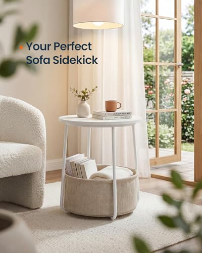 SONGMICS HOME Small Side Table, Round End Table, 2 Tier Nightstand with Basket, U Shaped Steel Legs, Easy Assembly, for Living Room, Bedroom, White and Brown - color: White + Brown, size: 1 pack