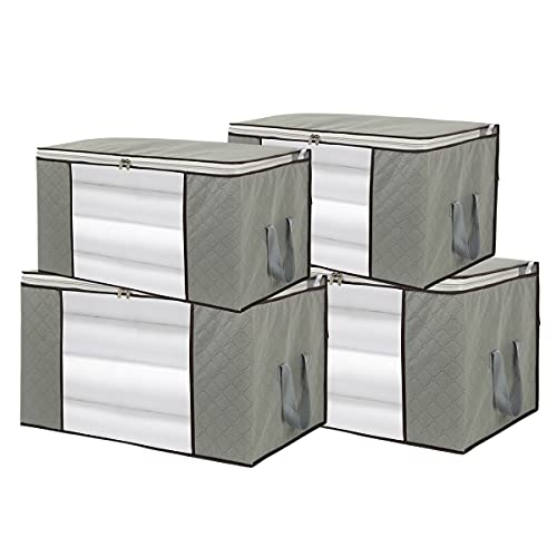 4 Pack Foldable Large Storage Bags 28 x 20 x 12 (L x W x H) inch for Comforter Quilt Blanket Clothes with Clear Window & Handles - Easy to Fit King Size Comforter Set - Closet Under Bed Organizer - size: Extra Large (Horizontal), style: Set of 4