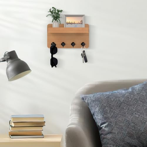 Nekon Key Holder Wall Mount, 8.5 Inch Small Home Decor Wooden Wall Organizer with 4 Hooks and Shelf, Key and Mail Holder for Living Room Entryway Kitchen (Wood) - color: Wood