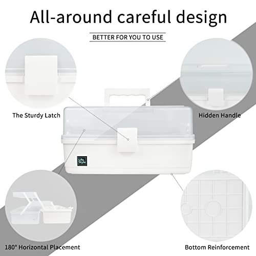 Creahaus 13 inch Art Craft Organizer Storage Box with 3 Layer, Multipurpose Plastic Tool Box with Handle for Sewing, Art Supply, Medicine, Nail, Hair Accessories (White) - color: White