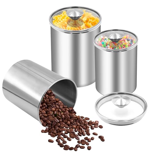 ENLOY Stainless Steel Food Storage Container Set of 3, 88/61/29 oz with Clear Glass Lids - Ideal for Coffee, Tea, Sugar, Flour Canisters - size: Medium