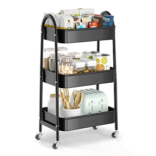 EAGMAK 3 Tier Utility Rolling Cart, Metal Storage Cart with Handle and Lockable Wheels, Multifunctional Storage Organizer Trolley with Mesh Baskets for Kitchen, Living Room, Office, Garage (Black) - color: Black, size: Normal