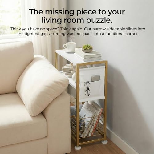 Skinny Side Table with Storage, 3 Tier Slim Side Tables for Small Spaces, Skinny End Table Narrow Bedside Table Narrow Side Table for Living Room, Bedroom - color: White Gold