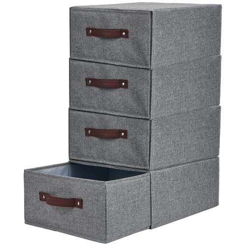 4PCS Closet Drawer Organizer Stackable Fabric Storage Boxes Bins Baskets with Lid PU Leather Handles Foldable Washable Cotton Linen Wardrobe Shelf Cloth Towels Container (Gray, Large) - color: Gray, size: Large ( Set of 4 )