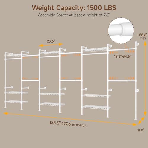 H6 Wall Mounted Closet System, Industrial Pipe Clothes Rack Clothing Racks with 6 Telescopic Rods & 3 Fixing Rods & 9 Shelves, Heavy Duty Closet Organizers and Storage in Wardrobe Closet (White) - color: White