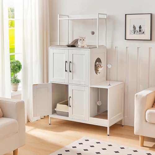 HOOBRO Litter Box Enclosure, Litter Box Furniture with Storage, 2-in-1 Hidden Cat Furniture with Shelf, 2 Dangling Plush Balls and 1 Toy Ball, Large Wooden Cat Washroom, White WT78MW01 - color: White