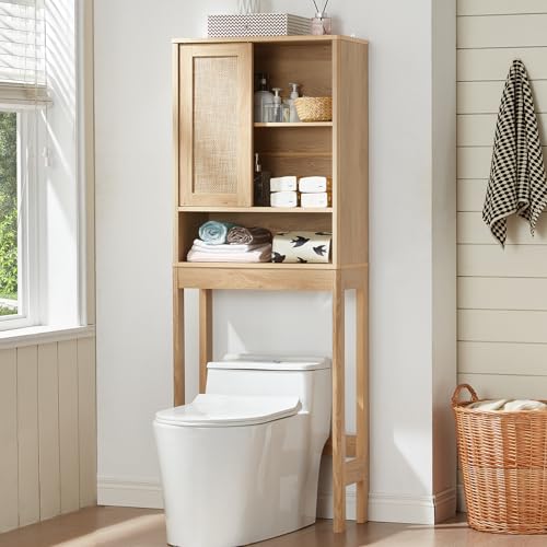 LEYAOYAO Over The Toilet Storage Cabinet with Rattan Sliding Door, 68" Tall Wood Above Toilet Bathroom Organizer w/Adjustable Shelf & Curved Profile, Space Saver Freestanding Washer Shelf, Natural - color: Natural, size: 10"D×23.3"W×68"H