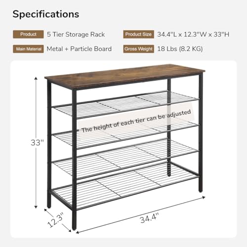 5-Tier Shoe Rack Organizer, Metal Mesh Shoe Storage Shelf, for Entryway, Hallway, Closet, Dorm Room, Industrial, Rustic Brown - size: 5-Tier