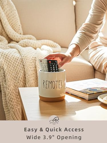 LEETOYI Ceramic Remote Caddy Storage, 4.8 Inch Remote Control Holder, Farmhouse Organizer for Pen Holder, Makeup Brush Holder, Office Supplies, White/Brown