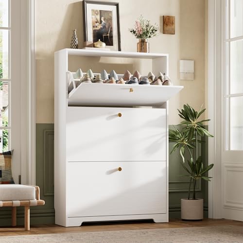 Nicetree Shoe Cabinet with 3 Flip Drawers, Narrow Shoe Organizer Cabinet, Freestanding Shoe Rack Cabinet, Morden Shoe Storage Cabinet for Entryway, Hallway, Foryer, White - color: White, style: 3-Drawers