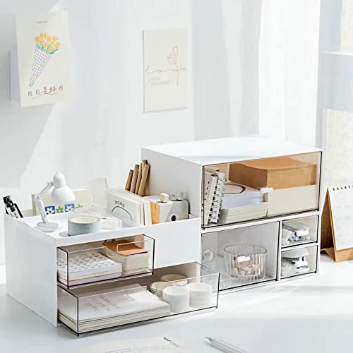 Desk Drawer Organizer, Desk Storage Box with 2 Drawers and 4 Compartments, Multifunctional Desk Accessories & Countertop Organizers for Office School Home (White） - size: 9*6.5*5inch - 6 Compartment