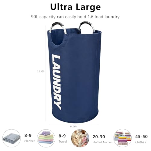 A large 90 liter laundry basket that can be folded for easy carrying. Suitable for bathrooms, laundry rooms, and travel (navy blue) - color: navy blue