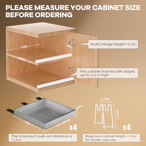 Seinloes 4 Pack Pull out Cabinet Organizer 21"Deep With Raising Pad for Framed Cabinets, Expandable Slide out Drawers for Kitchen Cabinets with 4pcs Divider Racks,Roll out Shelves 12.1"-20.4" W Silver - color: Silver, size: 12.1"-20.4"W x 21"D(4Pack)