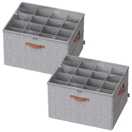 SONGMICS Shoe Organizers for Closet, Pack 2 Shoe Storage Bins, Fits 32 Pairs, Fabric Containers with Handles and Clear Cover, Adjustable Dividers, Customizable, Dove Gray ULSP556G01 - color: Dove Gray, size: 2 Pack