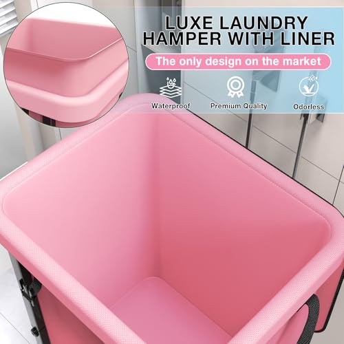 40 Gal(150L) High Grade Large Laundry Basket with Wheels, Rolling Laundry Hamper, Laundry Cart with Metal Frame and Removable Bag Design, Suitable for Laundry Room, Bedroom (Pink, 150L) - color: Pink, size: 1 Section 150L