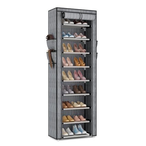 VILICK Shoe Rack with Cover Narrow Shoe Rack Organizer with 4 Side Pockets 10 Tier Tall Shoe Storage Shoe Shelf Holds 18-22 Pairs Shoes and Boots Shoe Rack for Closet, Printing - color: Printing, size: 10 Tiers-17.7" Wide