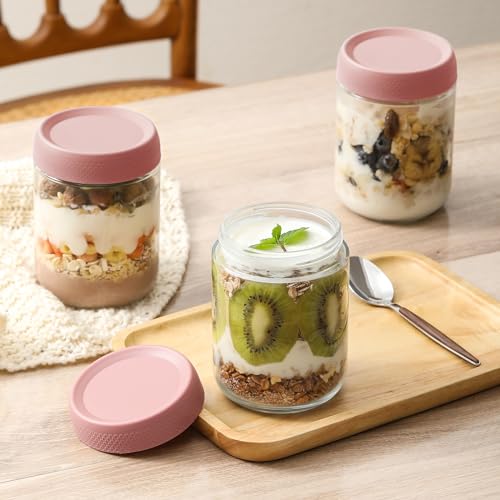 NETANY 6-pack 16oz Glass jars with Airtight Lids, Overnight Oats Containers with Lids, Wide mouth Mason Salad jars, Glass Food Storage Containers for Snacks Yogurt Spice Sugar-Pink - color: Pink-6pack-16oz