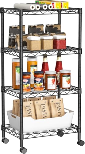 Golpart Small 4 Tier Shelves Storage Wire Shelving Unit Metal Shelf Adjustable Organizers Storage Shelving with Wheels for Bathroom Laundry Room Kitchen Pantry12”D x 18”W x 44.8”H Black - color: Black, size: 4 shelves (12 "D X 18 "W X 44.8 "H)