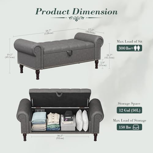Apicizon 51” Bench with Storage, Upholstered Tufted Button Bedroom Bench with Storage, Faux Leather End of Bed Bench with Rolled Arms, Storage Ottoman Bench for Bedroom, Living Room, Entryway, Gray - color: A-grey, size: 51 Inches