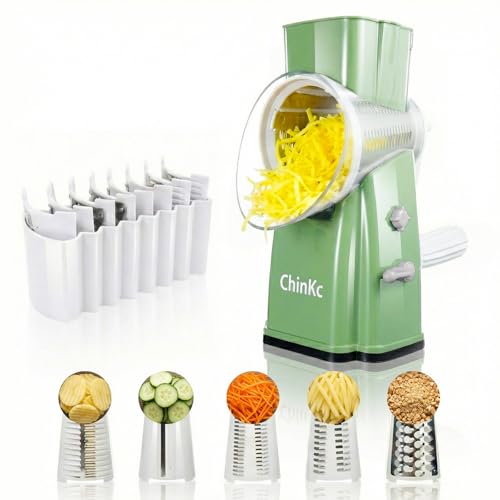 Upgrade Rotary Cheese Grater Shredder with Handle, Strong Suction Base, Multi-purpose Rotary Grater Slicer with 5 Interchangeable Blades for Ice, Vegetables, Fruit, Nuts with Blade Storage Box - color: White+Green