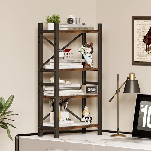 Desktop Bookshelf, 4-Tier Stackable Narrow Bookcase, Adjustable Industrial Desk Organizer & Hutch - Rustic Brown Wood Desktop Book Organizer for Living Room, Bedroom & Home Office - color: Vintage Brown