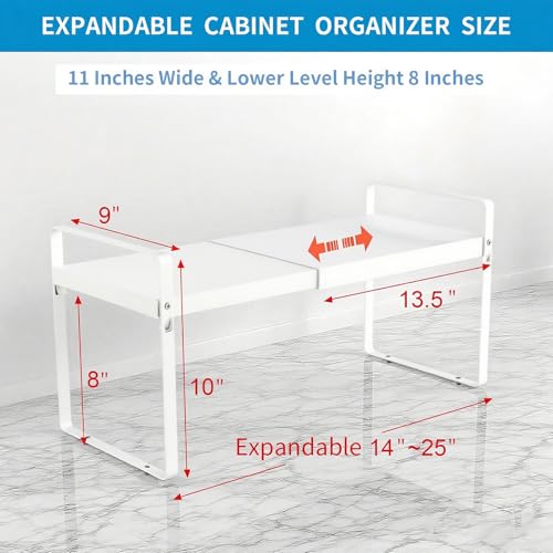 9" Deep Expandable Cabinet Shelf Organizer Riser, 14"-25" Adjustable Cabinet Shelves Rack for Kitchen Pantry Cupboard Under Sink Countertop, 8" High Bottom Layer, White(2 Pack) - size: 2-Pack 9''W