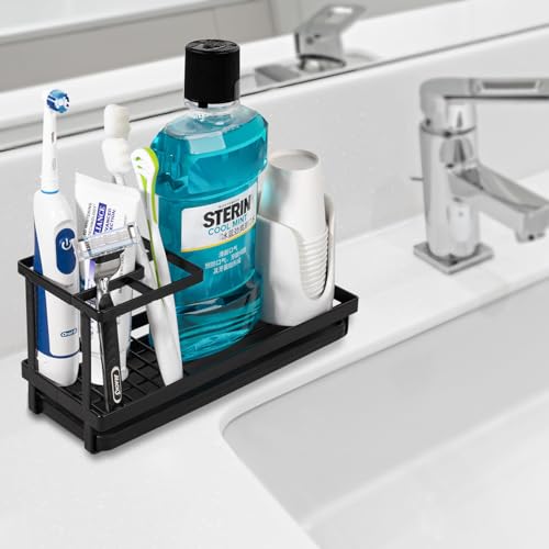 Toothbrush Holders for Bathrooms, Carbon Steel Tooth Brushing Holder Electric Toothbrush and Toothpaste Organizer Bathroom Accessories for Countertop, Shower, Sink - Matte Black - color: Black, size: Small