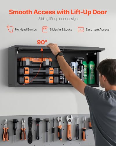 VEVOR Metal Wall Cabinet, 30.31W x 12.01D x 14.02H Inch, Floating Garage Tool Cabinet with Up-Flip Door, 120 lbs Load per Shelf, Fit for Garage, Basement, Kitchen, Warehouse, Assembly Required - style: Upgrade Flip up 14"