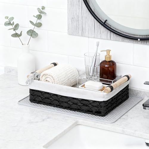 Set of 2 Black Bathroom Basket Organizers with Liner, Paper Rope Wicker Storage Baskets for Shelves, Bathroom Counter & Vanity, Wooden Handles for Towels & Toiletries - color: Black