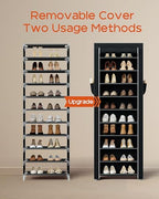 CASAMAYA Shoe Rack with Covers, 10 Tiers Tall Shoe Rack Organizer, Large Capacity Shoe Shelf Storage, Hold 20 Pairs of Shoes, Vertical Shoe Storage Organizer for Closet, Entryway, Black, SRT102B01 - size: 17.7"W - 10 Tier