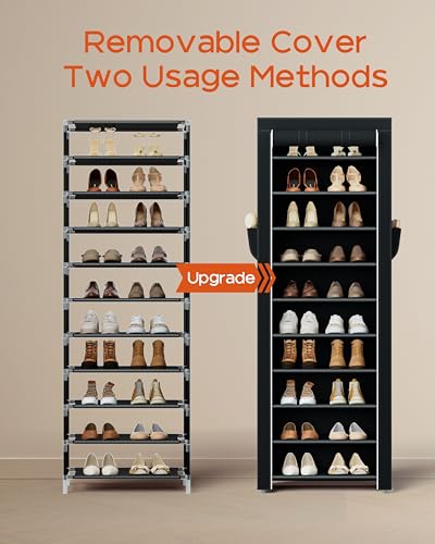 CASAMAYA Shoe Rack with Covers, 10 Tiers Tall Shoe Rack Organizer, Large Capacity Shoe Shelf Storage, Hold 20 Pairs of Shoes, Vertical Shoe Storage Organizer for Closet, Entryway, Black, SRT102B01 - size: 17.7"W - 10 Tier
