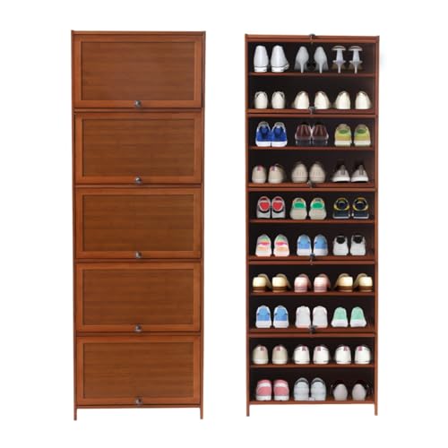 Tall Bamboo Shoe Storage Cabinet Bamboo Shoe Rack with Doors, 11 Tier Freestanding Shoes Heels Sneakers Shelf Rack for 20 Pairs Shoe Organizer for Entryway Office Living Room, Brown