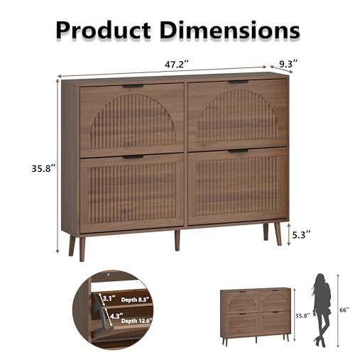 BORNOON Shoe Cabinet for Entryway with 4 Flip Drawers, Slim Wooden Shoe Storage Organizer with Modern Fluted Pannel，Freestanding Narrow Hidden Shoe Rack for Hallway, Foyer, Living Room - color: Walnut, size: 4 Flip Drawers