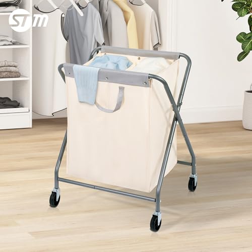 STORAGE MANIAC 125L Collapsible Laundry Hamper with Wheels, Rolling Laundry Basket, Heavy Duty Cloth Sorter with Removable Bag, Folding X Frame Clothes Organizer Cart for Easy to Store, 2 Section - size: 2 Section