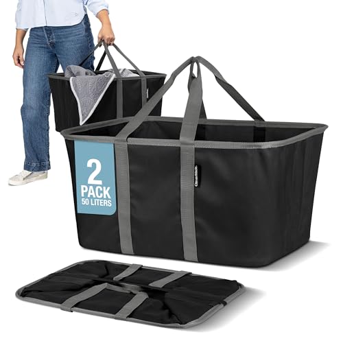 CleverMade Collapsible Laundry Tote 2-Pack (50L) – Foldable Carry-All Storage Bin for Laundry, Car Trunk, RV, Dorm & Home Organization - Black - color: Black Gray