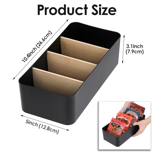 BSTKEY Seasoning Packet Organizer, Food Storage Organizer with Divided 4 Bamboo Wood Compartments, Black Plastic Storage Caddy for Pantry Cabinet, Kitchen Organization Bin for Snacks Spice Packets - color: Black